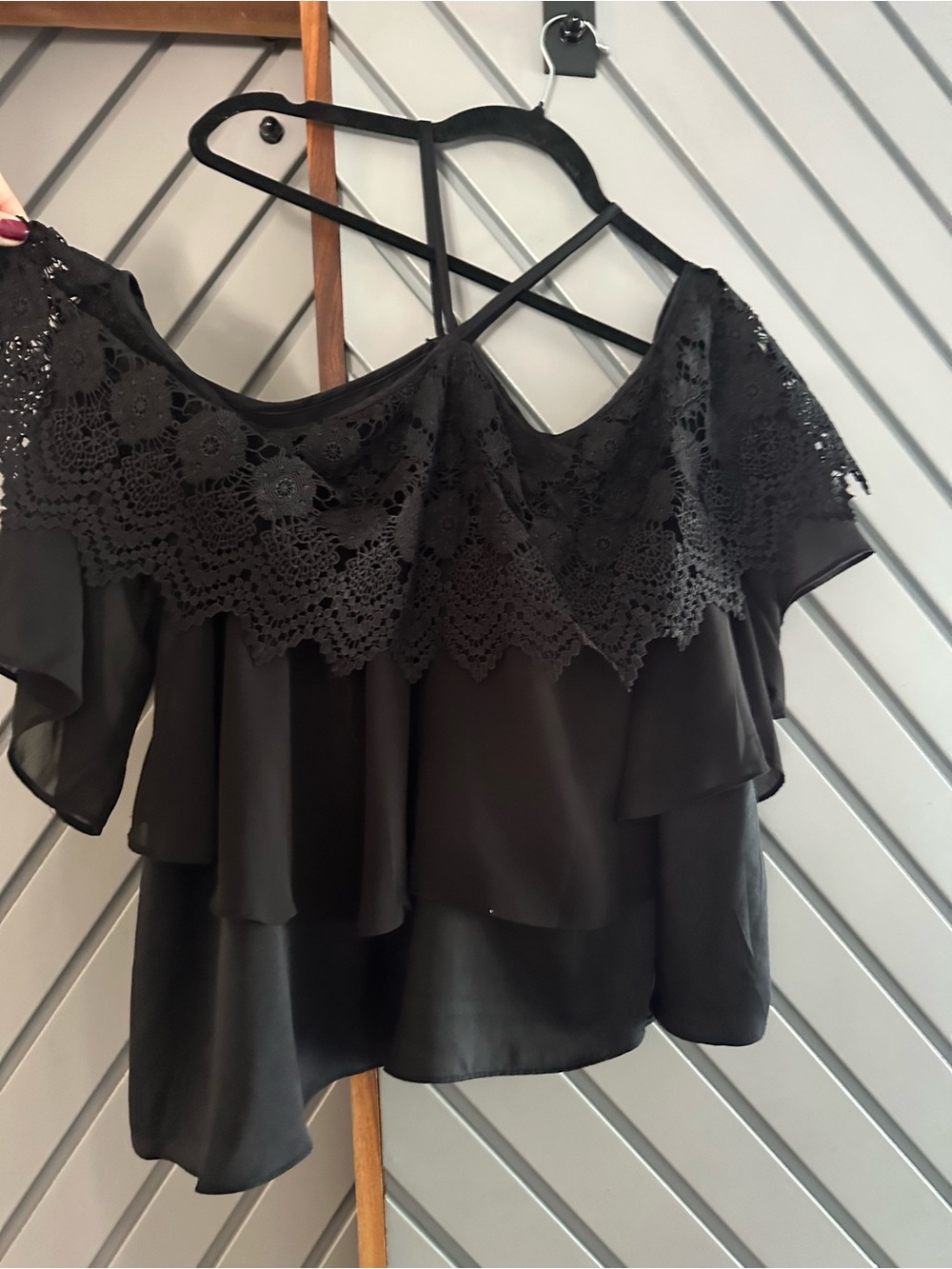 DO+BE Black Lace Off-Shoulder Ruffle Blouse
